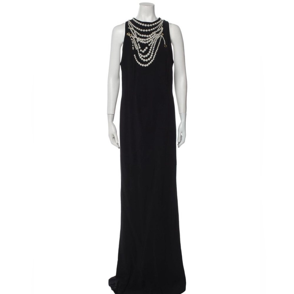 Oscar de La Renta black evening gown with cascading pearl necklace detail - Picture 1 of 4